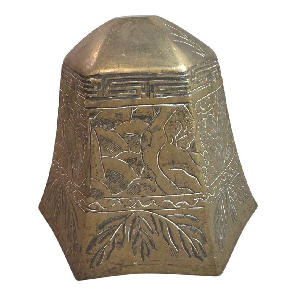 5" Thai Chinese Antique Brass Hexagonal Temple Bell LARGE Intricate Engravings